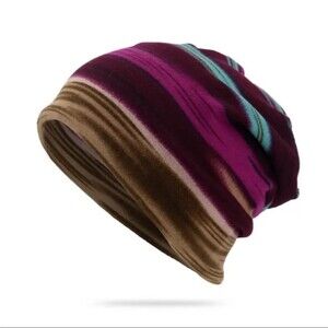Purple blue hat stripe brown fleece Beanie hat scarf Multipurpose accessory